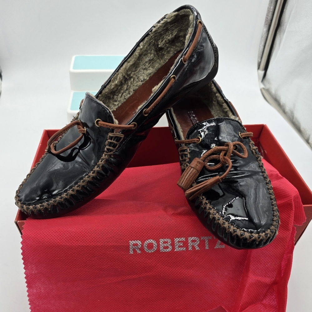 Robert Zur 8.5 4a Wet Patent Leather Driving shoes Sherling Copper grommets